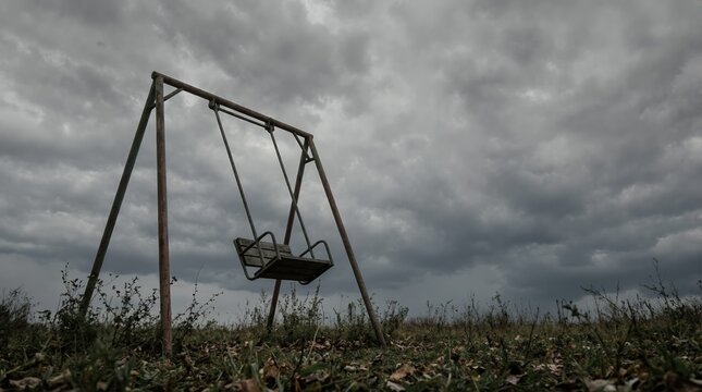 Low angle view of empty rusty swing set in overgrown field. Abandoned playground under dark overcast sky. Concept of loneliness and forgotten childhood