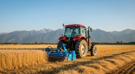 Red Tractor Cultivating Golden Field Under Clear Blue Sky with Mountains