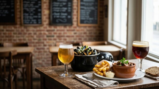 Traditional Belgian meal with mussels beef stew and fries. Two glasses of Belgian beer on a rustic wooden table. Moules frites and carbonnade flamande concept