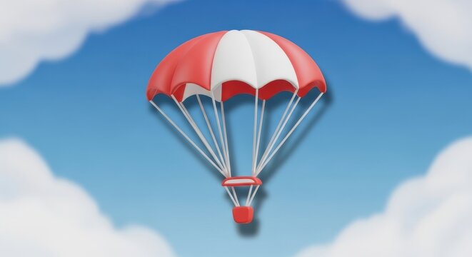 Red and white parachute floating in blue sky with soft fluffy white clouds 3d render illustration