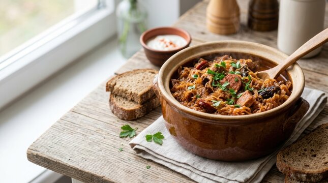 Hearty Polish bigos hunter's stew in a ceramic pot. Traditional national dish with sauerkraut and meat. Rustic meal with rye bread and sour cream