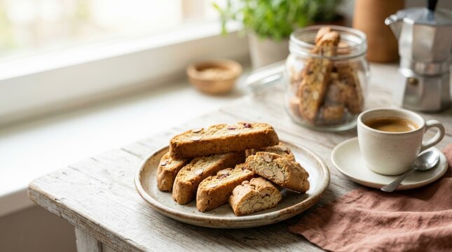 Traditional Italian almond biscotti with espresso coffee. Crunchy twice-baked biscuits on a rustic wooden table. National dessert of Italy