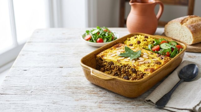South African bobotie spiced meat casserole with egg custard topping. Traditional national dish served with yellow rice and salad. Hearty homemade meal on a rustic wooden table