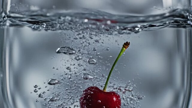 This video captures a cherry being dropped into a glass of water, creating a splash and ripples in the clear liquid. The slow-motion video showcases the vibrant colors and detailed textures of the