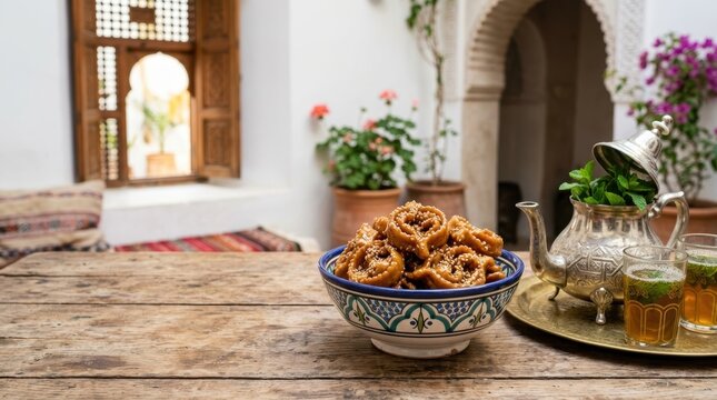 Traditional Moroccan chebakia cookies with honey and sesame. Sweet pastry served with mint tea in a riad courtyard. North African dessert