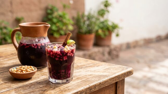 Chicha morada traditional Peruvian purple corn drink in a glass and clay pitcher. Refreshing beverage with diced fruit and cinnamon on a wooden table. Copy space for text