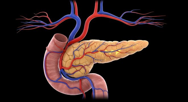 Human pancreas anatomy with blood vessels and duodenum digestive system medical illustration
