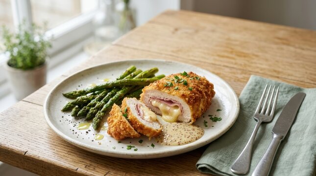 Chicken cordon bleu stuffed with ham and melted cheese. Breaded chicken breast served with roasted asparagus and mustard sauce on a white plate. French cuisine dinner