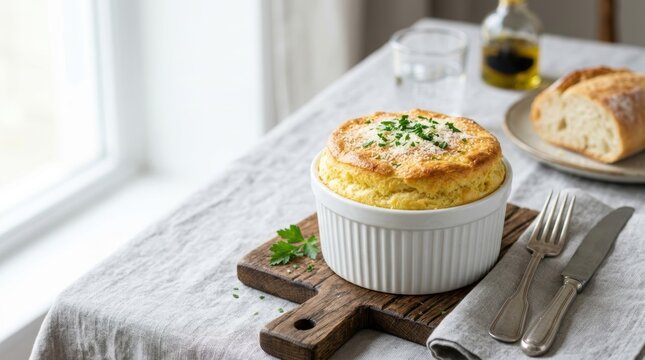 Fluffy cheese souffle in a white ramekin on a wooden board. Traditional French baked dish with herbs and bread on a linen tablecloth. Copy space for text