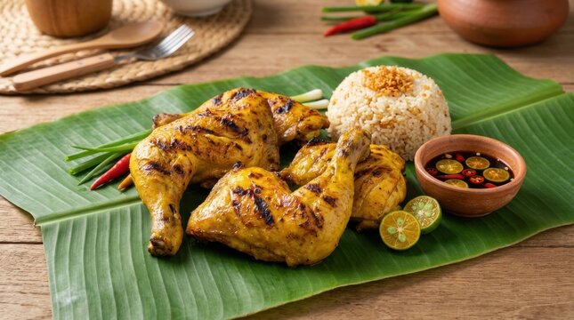 Filipino chicken inasal with garlic fried rice on a banana leaf. Traditional grilled chicken with calamansi and dipping sauce. Southeast Asian national dish