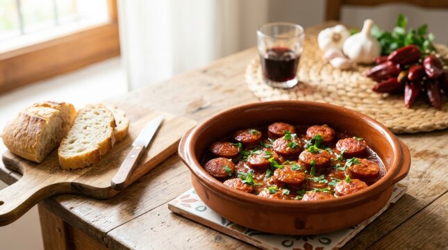 Traditional Spanish chorizo tapas in a terracotta clay pot. Sliced spicy sausage with crusty bread and red wine on a rustic wooden table. Mediterranean national dish