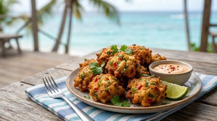 Obraz premium Golden conch fritters with dipping sauce and lime on a wooden table. Traditional Caribbean seafood appetizer with tropical beach background. Fried savory snack