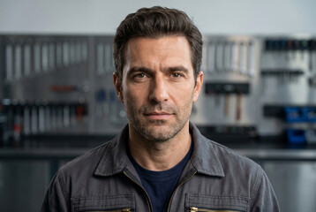 Obraz premium High-end editorial portrait of a technical director in a contemporary diagnostic facility. His calm, authoritative gaze reflects a lifestyle of mastery and corporate success. 