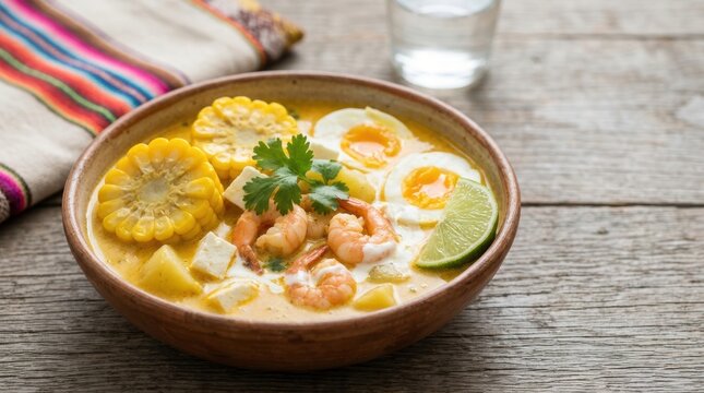 Chupe de camarones traditional Peruvian shrimp chowder. Hearty seafood soup with corn, egg, and cheese in a clay bowl. Authentic South American cuisine on a wooden table