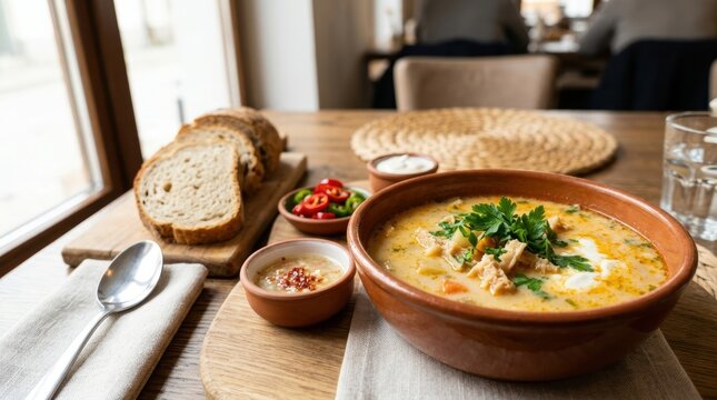 Ciorba de burta traditional Romanian tripe soup with sour cream and garlic. Creamy yellow soup with hot peppers and rustic bread. Authentic Balkan cuisine