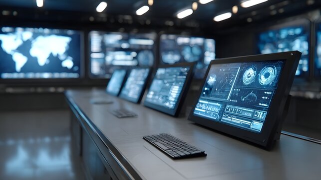 Multiple monitors display complex data visualizations and ope nal schematics in a modern high tech command center environment