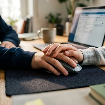 Closeup of two people holding hands over a computer mouse