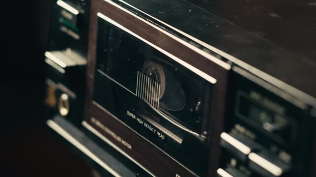 Retro radio tape recorder, audio cassette close-up. Listening to music, old radio boom box player, macro of vintage music listening. 