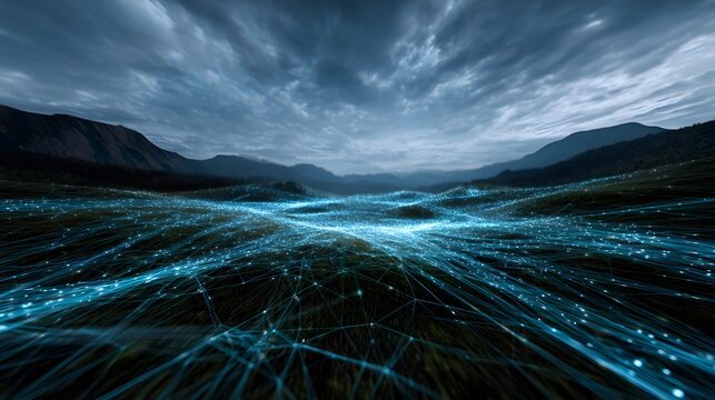 Glowing digital data streams overlay a dramatic mountain landscape under an atmospheric cloudy sky