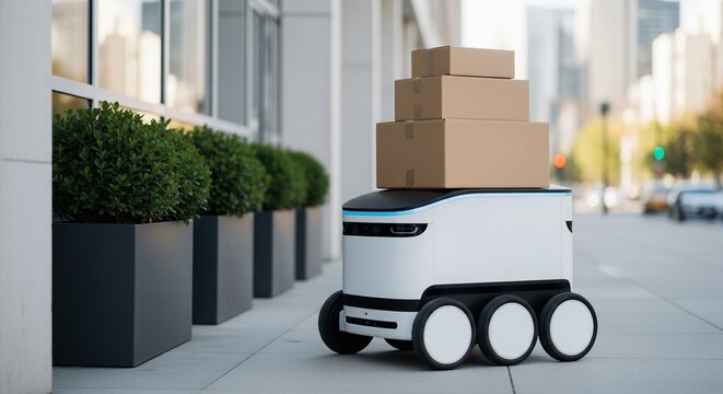 Autonomous delivery robot with stacked packages navigating a sidewalk near a modern building