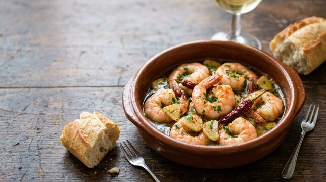 Traditional Spanish tapas gambas al ajillo in a terracotta bowl. Garlic shrimp with olive oil and chili peppers served with crusty bread on a rustic wooden table