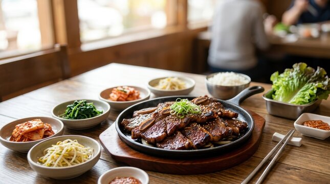 Korean traditional galbi grilled beef short ribs on a sizzling iron platter. Authentic barbecue meal with banchan side dishes and rice on a wooden restaurant table