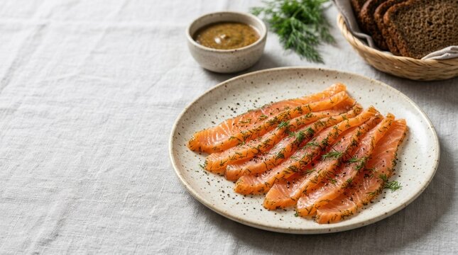 Sliced gravlax cured salmon with dill and pepper on a plate. Traditional Scandinavian seafood appetizer. Copy space for text