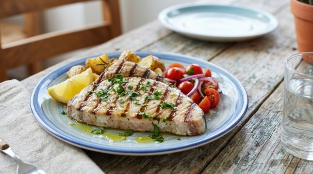 Grilled swordfish steak with roasted potatoes and tomato salad. Traditional Mediterranean seafood dish on a rustic wooden table