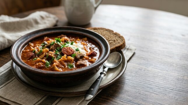 Traditional Hunter's stew with meat and cabbage in a rustic bowl. Hearty Polish bigos served with rye bread on a wooden table. Copy space for text