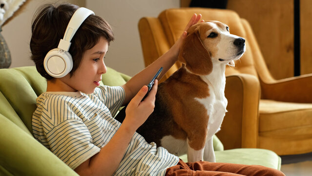 A boy listens through white headphones and looks at his phone while touching a beagle sitting close on a sofa. Digital habits, family pets, and quiet home routines create comfort and connection.