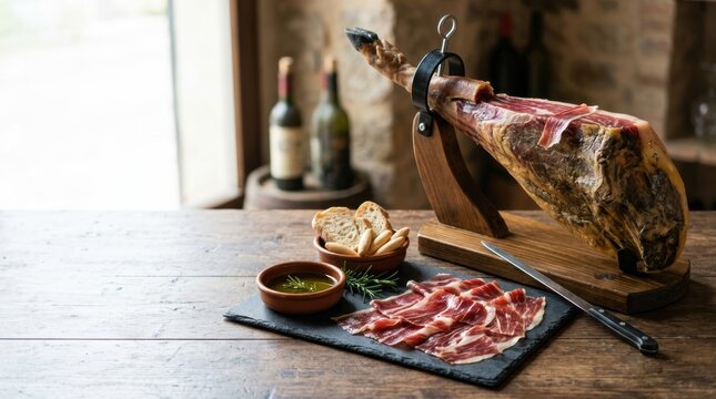 Traditional Spanish Jamon Iberico cured ham on a carving stand. Thin slices of premium pork meat with olive oil and bread on a rustic wooden table
