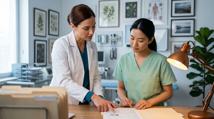 Fototapeta premium A senior doctor mentoring a young nurse over patient records in a modern facility. The scene captures the transfer of elite expertise and a culture of corporate excellence. 
