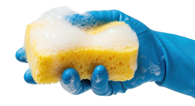 Hand in a blue rubber glove holding a yellow cleaning sponge covered in white soapy foam, isolated on transparent background