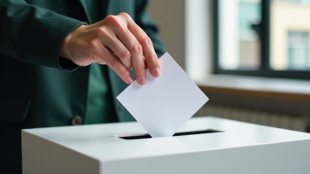 A person submitting their vote by placing a ballot in an election box