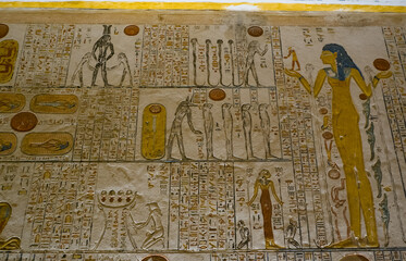 Tomb of Ramses V and Ramses VI, KV9 in the Valley of the Kings. Detail of Egyptian hieroglyphs. Luxor, Egypt. © Ekaterina