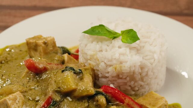 Green curry tofu soup cooking. Thai green curry soup in a white bowl on a white plate with dark background. Flat lay, overhead