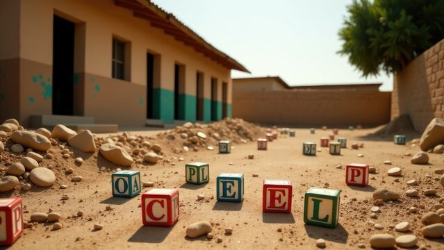 A creative sign made from blocks spelling out the word 'pel' in front of a building