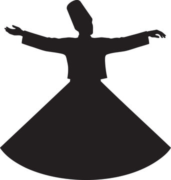 Sufi Whirling Dervish Silhouette Performing Mevlevi Sama Ceremony Traditional Islamic Spiritual Dance Turkish Culture Rumi Mysticism Isolated Vector Graphic for Meditation Peace and Middle Eastern Rel
