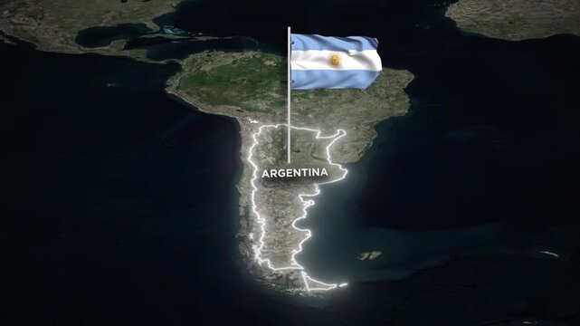 Argentina Map Animation with 3D Waving of Argentina National Flag and Glowing Border Animation on World Map