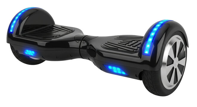 Self-balancing electric hoverboard with glowing blue led lights and silver wheel rims, isolated on transparent background