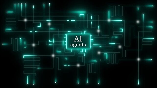 Glowing circuit board network with ai agents text in center representing artificial intelligence , Modern electronic grid tracks data processing, Abstract nodes and energy icons enhance system