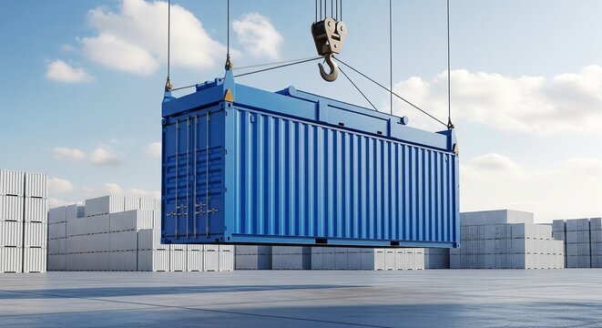 Blue shipping container being lifted by a crane at a logistics yard with stacks of other containers