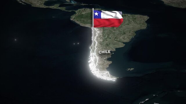 Chile Map Animation with 3D Waving of Chile National Flag and Glowing Border Animation on World Map