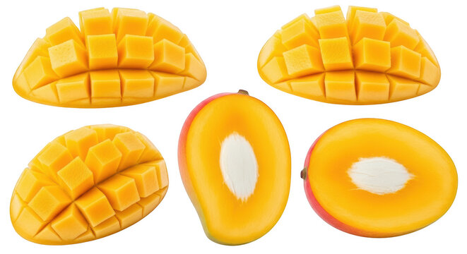 Three diced mango halves and two sliced mango pieces with visible pits, isolated on transparent background
