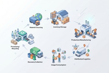 Naklejka premium Visual representation of the sustainable supply chain illustrating material sourcing, processing, inventory management, production procedures, logistical distribution, and recycling for