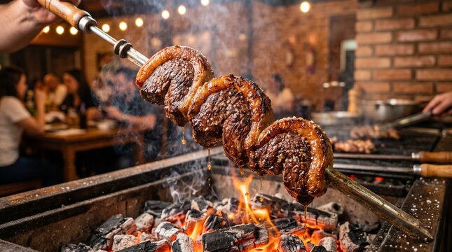 Picanha on a skewer being roasted over charcoal, fat browning and dripping, soft smoke, warm light, ultra-realistic, commercial style