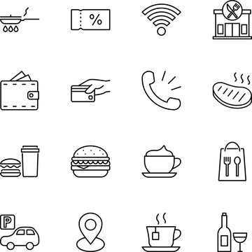 Restaurant cafe bar food drink shopping services icons, restaurant, burger, coffee, wallet, coupon, parking, location, wifi