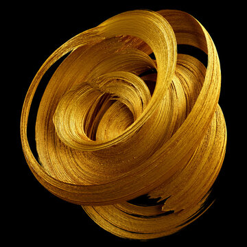 3D rendering, abstract curved calligraphic brush stroke. Splash of gold paint, liquid metallic splatter, isolated on a black background