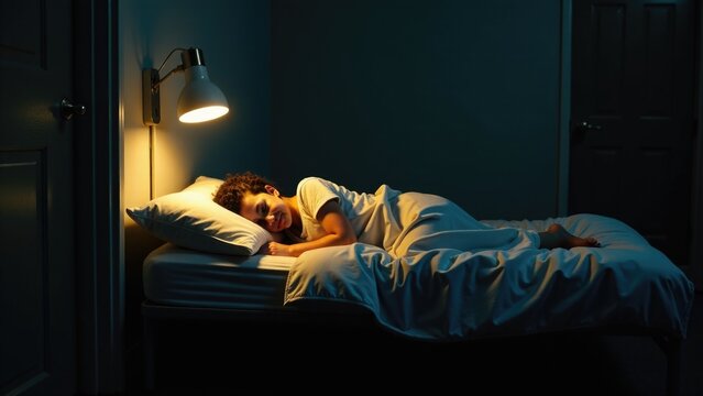 A person lying in bed under soft light, ideal for illustrating sleepiness or restfulness