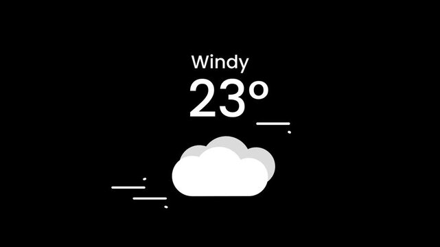 A weather widget on dark background displaying windy conditions at twenty two degrees with a stylized cloud and wind line elements